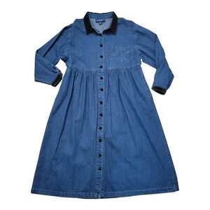 Vintage 90s Blue Jean Denim Dress Button Front Velvet Collar Pockets PL Western